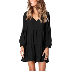 Womens Long Sleeve V Neck Tunic Dress Rayon Nylon Casual Loose Fit
